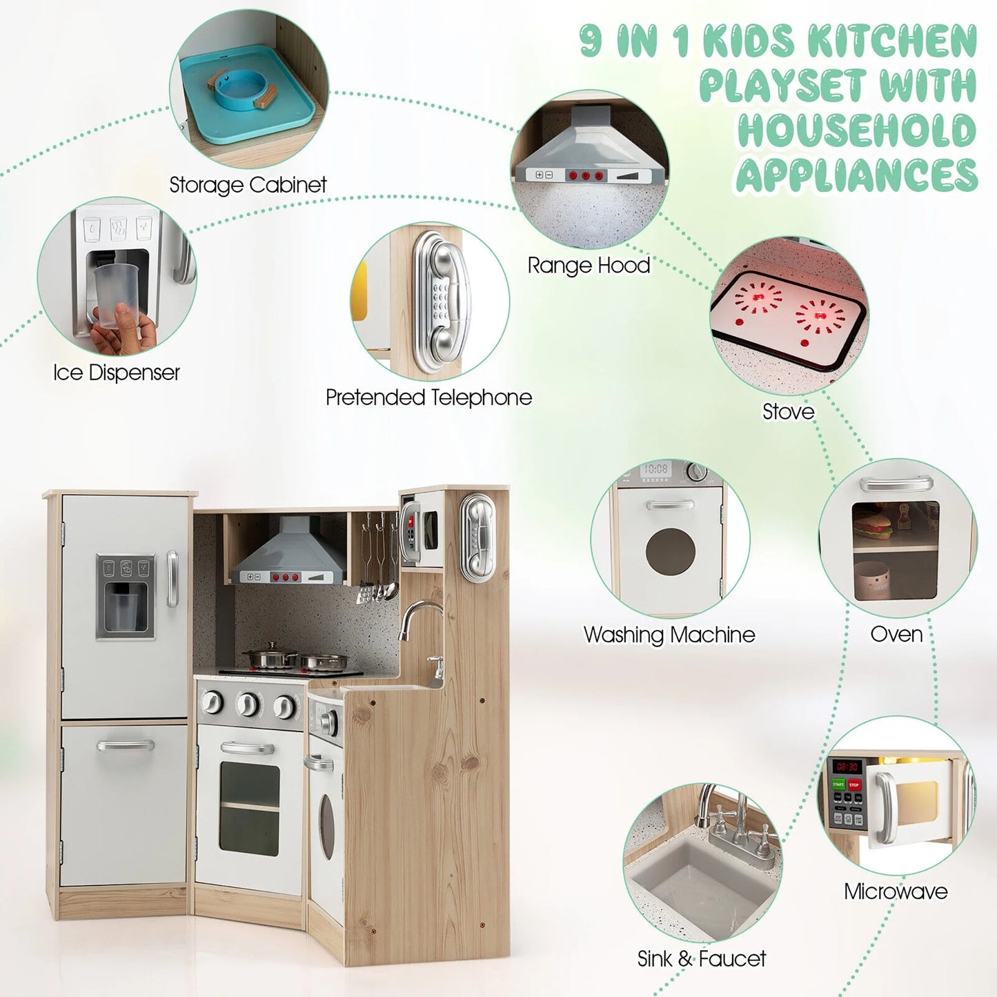 Children's Wooden Kitchen Playset with Cookware Accessories for Pretend Cooking