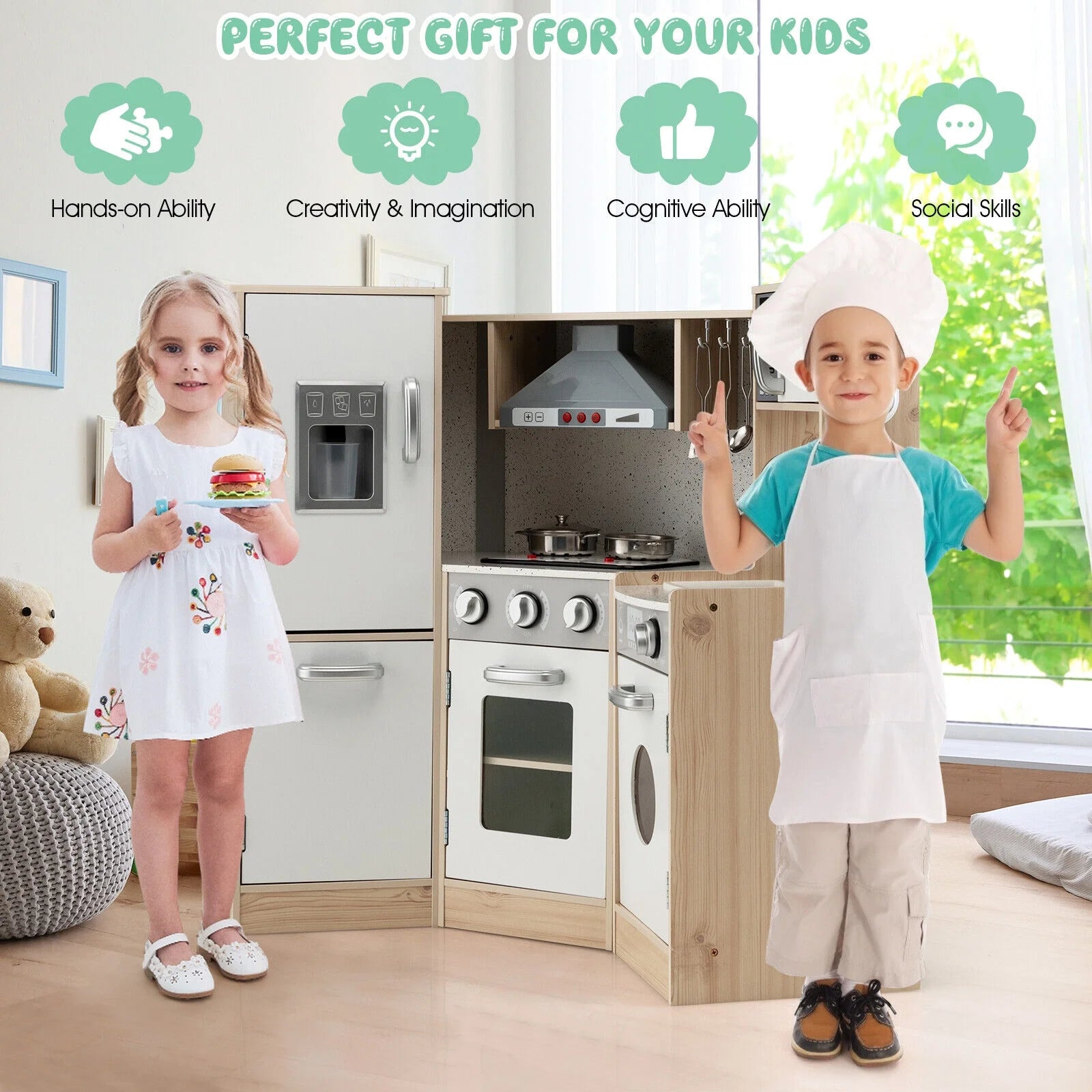 Children's Wooden Kitchen Playset with Cookware Accessories for Pretend Cooking