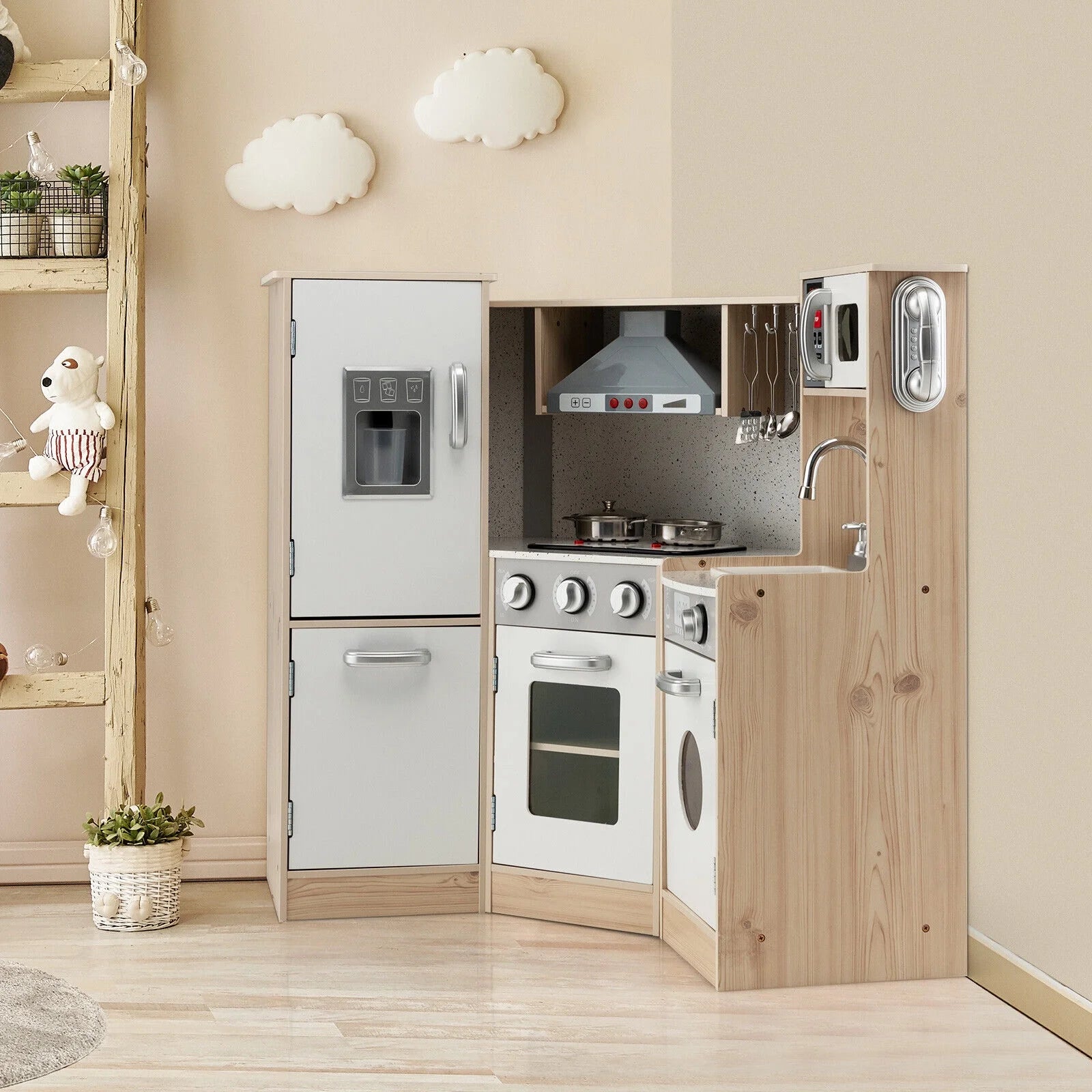 Children's Wooden Kitchen Playset with Cookware Accessories for Pretend Cooking