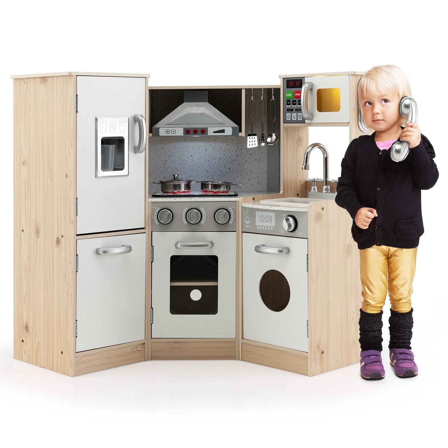 Children's Wooden Kitchen Playset with Cookware Accessories for Pretend Cooking