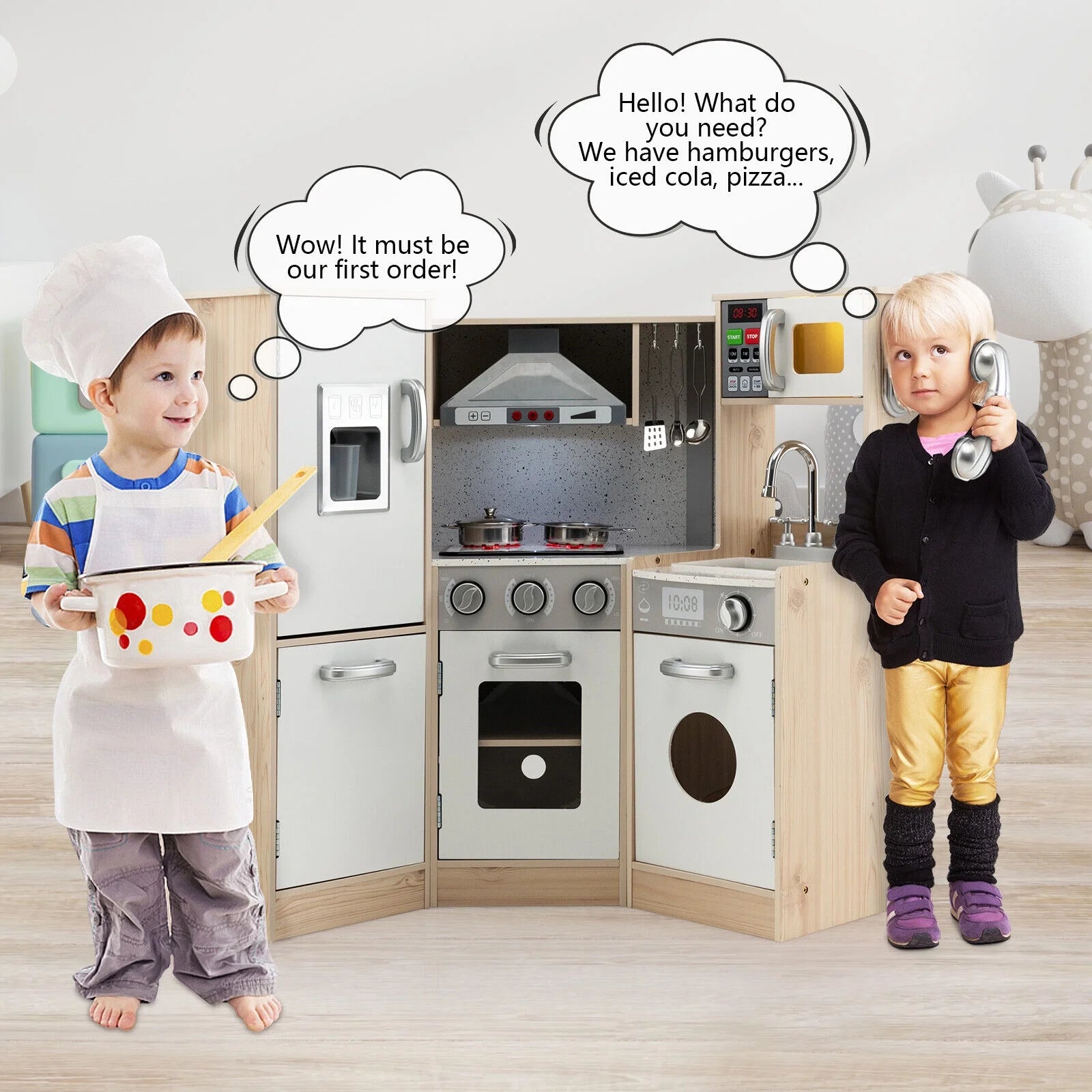Children's Wooden Kitchen Playset with Cookware Accessories for Pretend Cooking